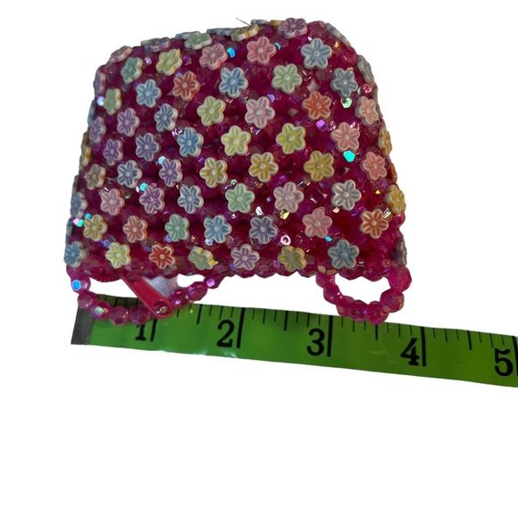 Vintage Tiny Pink Beaded Colorful Floral Purse With Long Strap Girls & Women - Picture 6 of 9